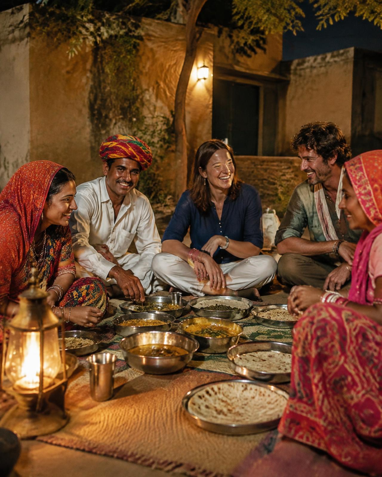Travellers sharing dinner with a local family
